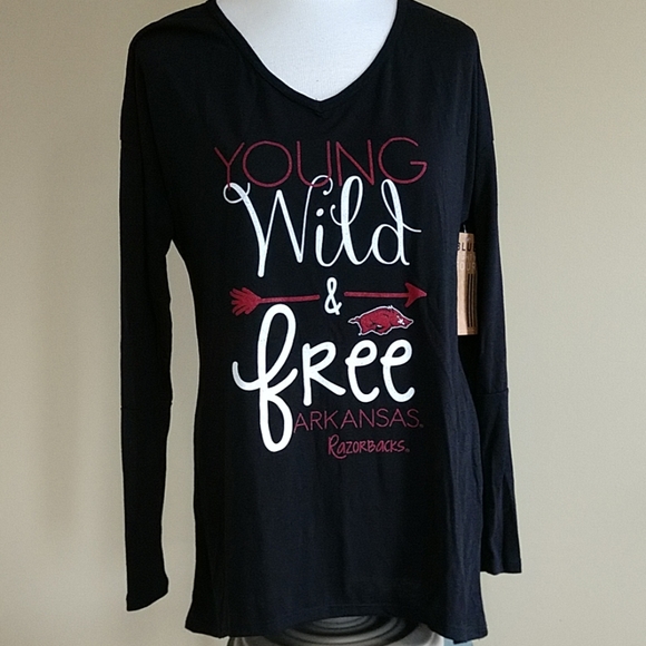NEW Arkansas Razorbacks Jersey Young Wild Free Elbow Patch Long Slv Tee Women Lg - Picture 3 of 8